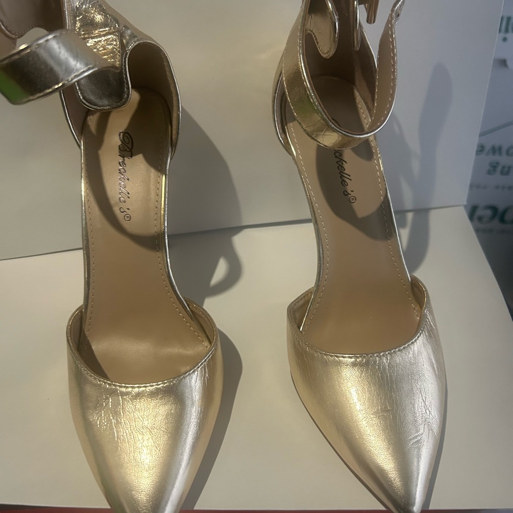 Annabelle Gold Pointed Toe Ankle Strap Heels